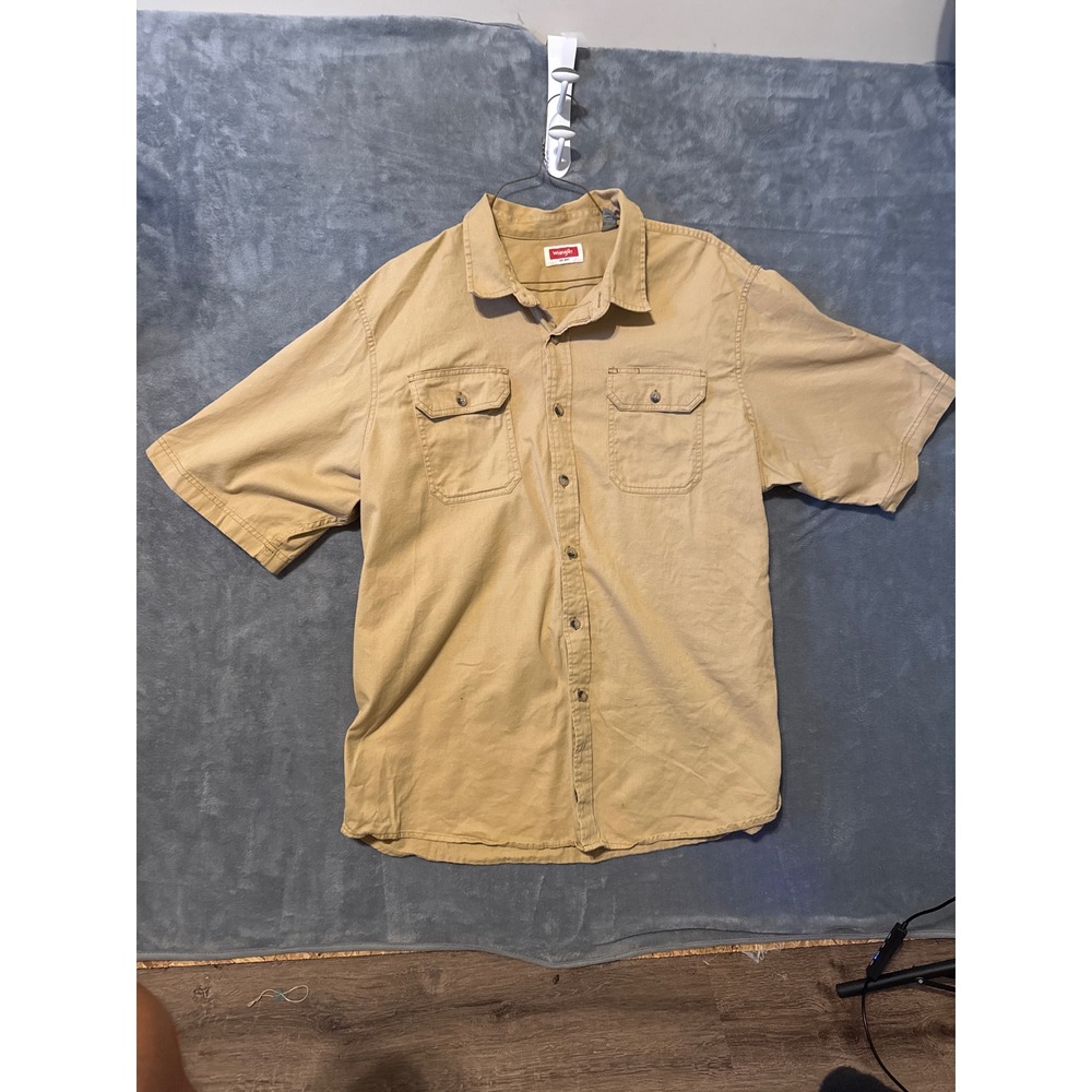 Wrangler Mens 2XL Short Sleeve Button Down Shirt Tan Khaki Cotton Twill Workwear